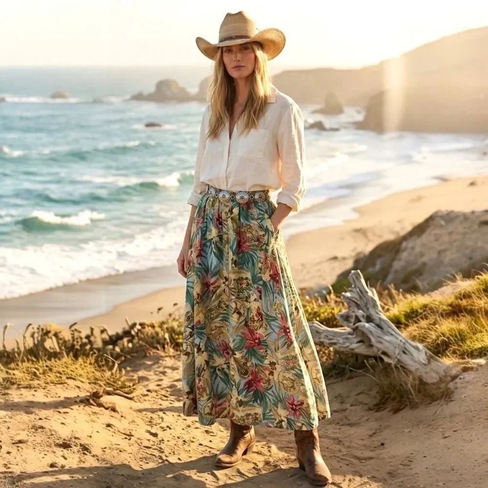 VTG SILK CLUB Maxi Skirt Horse Show Equestrian Tropical Coastal Cowgirl L/XL